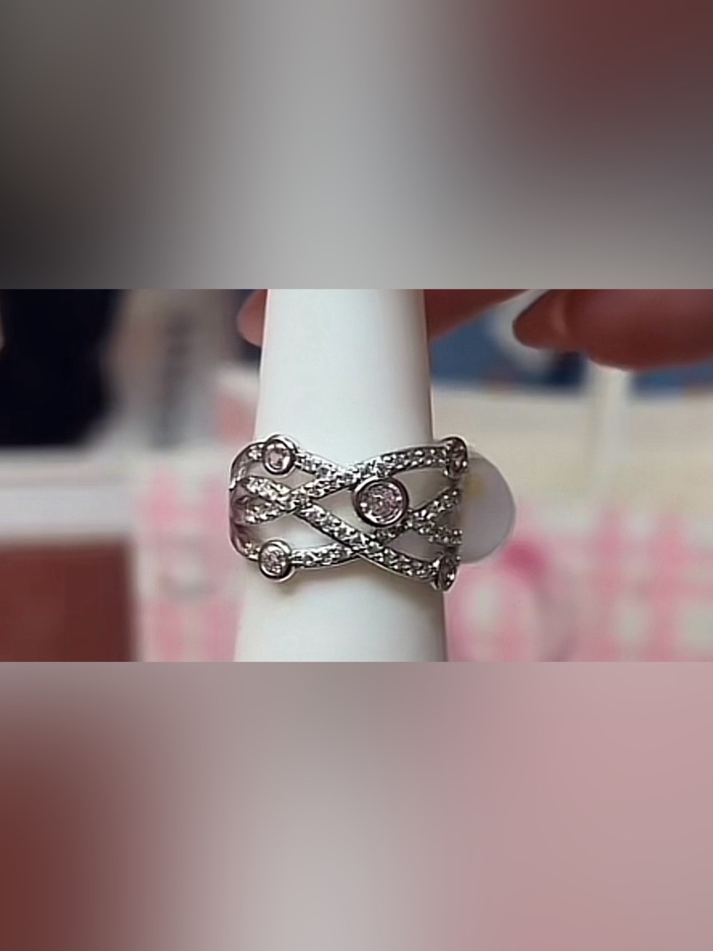 Bomb Party rhodium Multi-Row pink stone ring size 7